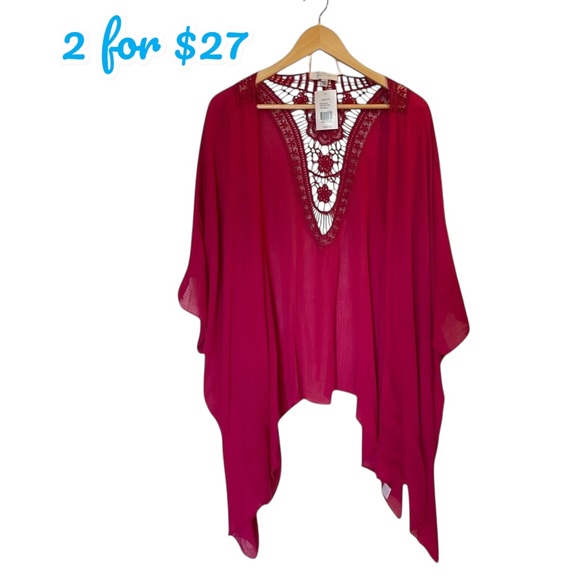 NEW DIRECTIONS Fuschia Pink/Red Lace Back Swim Cover Up Kimono Jacket Topper O/S - Picture 1 of 14